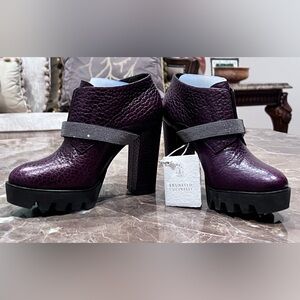 Brunello Cucinelli Leather City Blocked Heel with Monili Rows Purple Ankle Boots